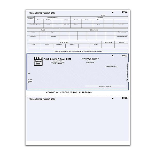 [Image: Laser Middle Payroll Check - Pre-printed Top Stubs, Blank Bottom]