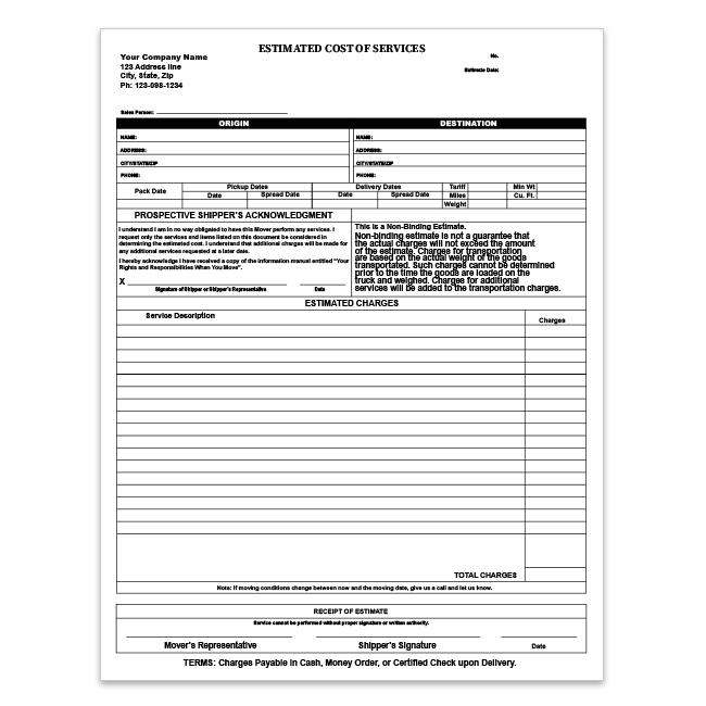 Moving Company Estimate Form, Carbonless Copies, Custom Printed