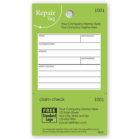 Repair Tag In Green With White Fill-In Space 3 1/8 X 5 1/2