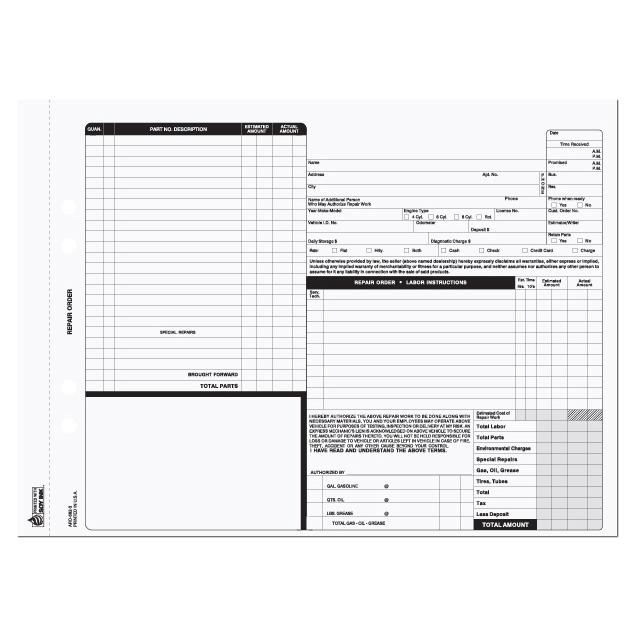 Automotive Repair Order With Blank Message Area