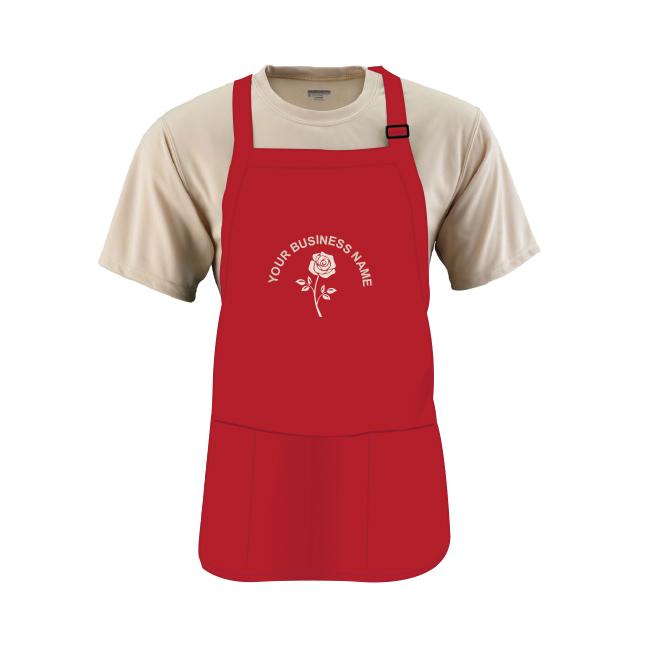 Embroidered Medium Length Apron With Pouch Pocket, Red