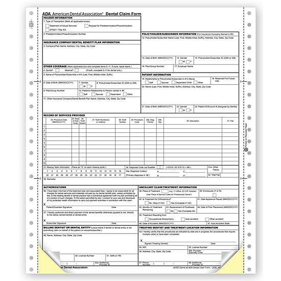Dental Claim Form - ADA Insurance Claim Form, Continuous - Two-Part