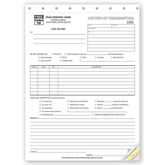 Letters Of Transmittal - Carbonless Form, 2 Or 3 Part Copies, Pre Printed, Personalized, 8 1/2 X 11"