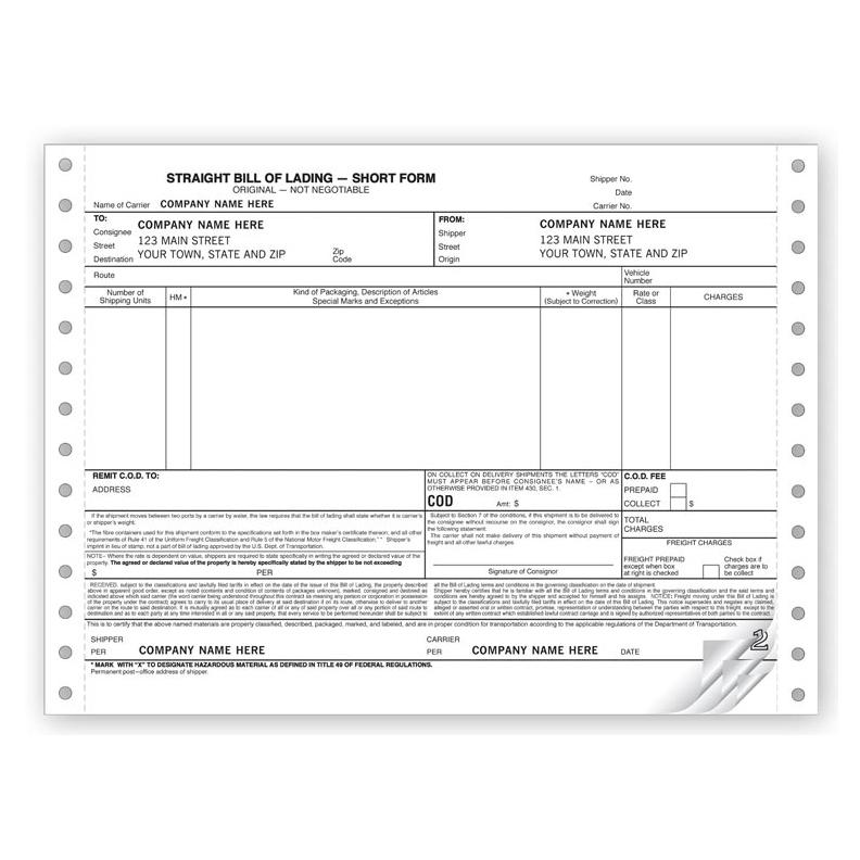 Bill Of Lading Continuous Short Form