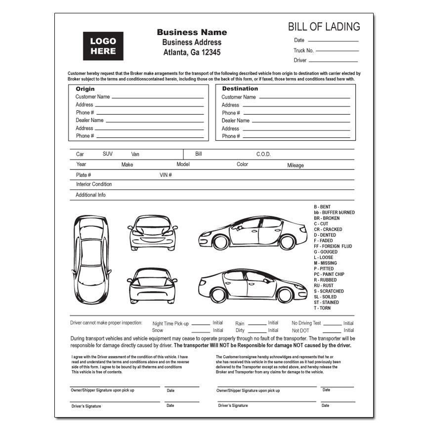 Vehicle Transport Bill Of Lading, Custom Printed
