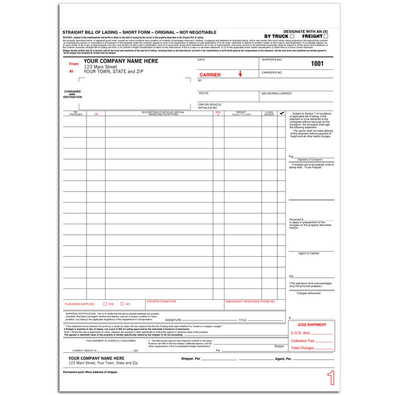 Bill of Lading Short Form Not Negotiable, Printed, Personalized