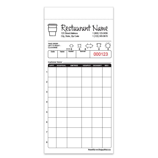 Custom Guest Check With Table Diagrams, Two Part Carbonless