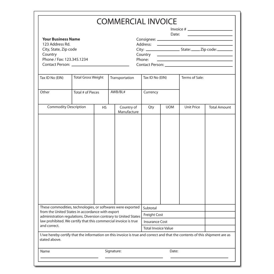 Commercial Invoice Form, Custom Printed