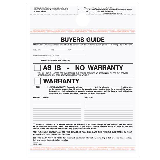 Car Buyer's Guide No Warranty - 3 Parts Carbonless Form