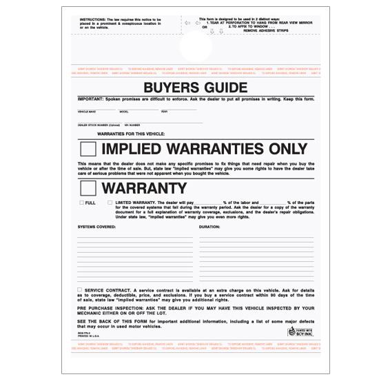 Car Buyer's Guide Warranty - 3 Parts Carbonless Form