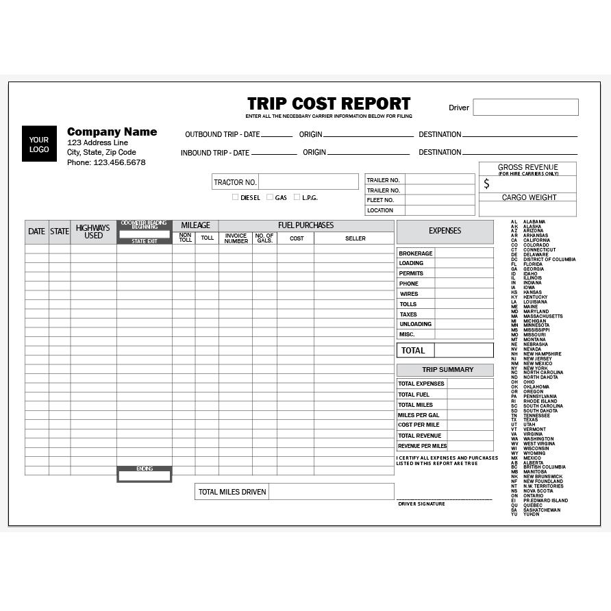Trip Cost Report Envelope With States Listed
