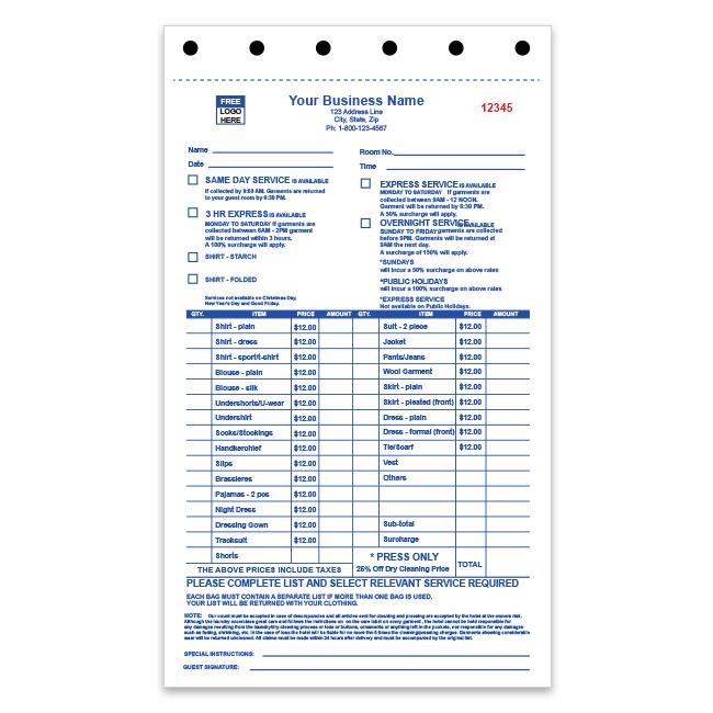 Dry Cleaning Bill Invoice Form For Hotels