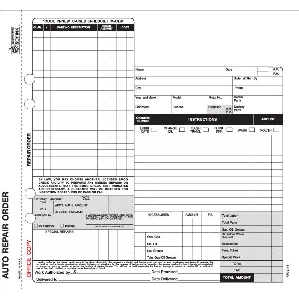 Auto Repair Order Form with 4-Parts