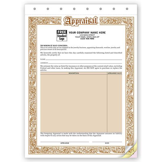 Jewelry Appraisal Form - Carbonless Copies, 3-part Format, Pre Printed, Personalized