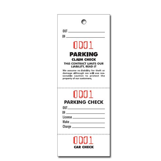 Valet Parking Claim Ticket, White, Size  6 Â¾" X 2 Â½", Perforated, Numbered, 3 Parts