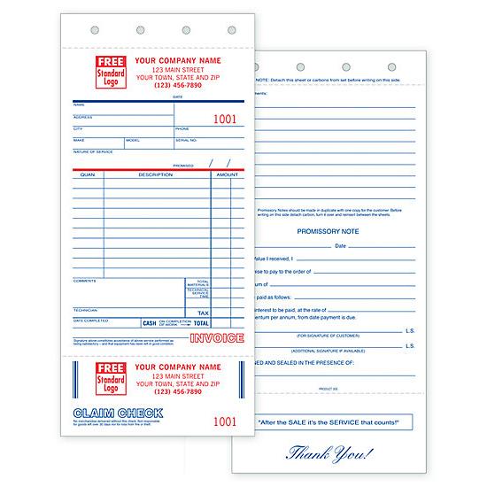 Service Order Invoice Form - With Claim Check And Carbons