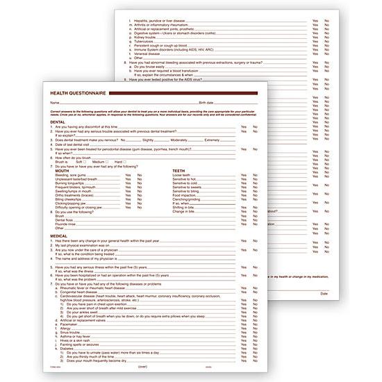 Dental Health History Questionnaires, 2 Sided, No Hole Punch