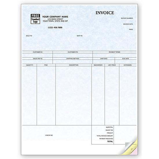 Product Invoice Form Custom Printed, Laser And Inkjet Compatible, Parchment