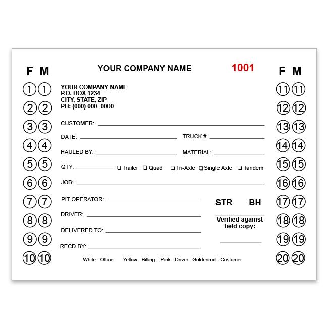 Truck Load Ticket Slip - 4 Part Copies, Carbonless Business Forms, Custom Printed, 5 X 7"
