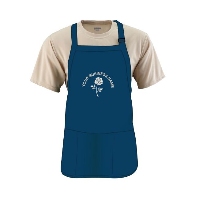 Navy Blue Embroidered Apron With Pouch Pocket, Medium Length 