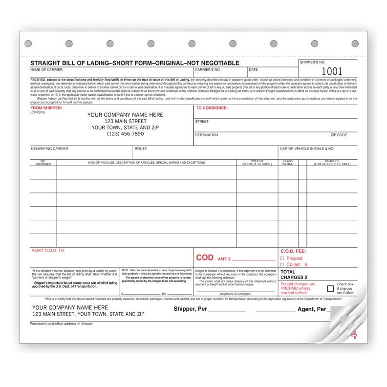 Straight Bill of Lading Short Form, Personalized
