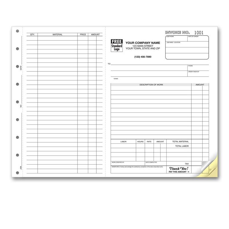 Work orders with perforated Side-Stub, Horizontal, Preprinted, Personalized, Large 8 1/2 x 11", Carbonless Copies