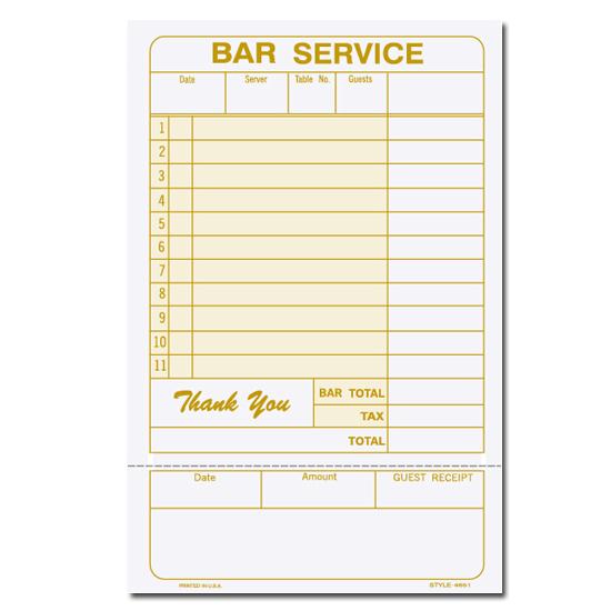 Custom Printed Guest Check - Bar Service