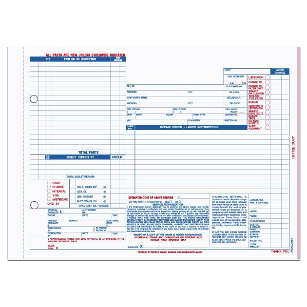 Vehicle Repair Order Form - 4-Parts Carbonless, Preprinted, 8 1/2 x 11", Personalized