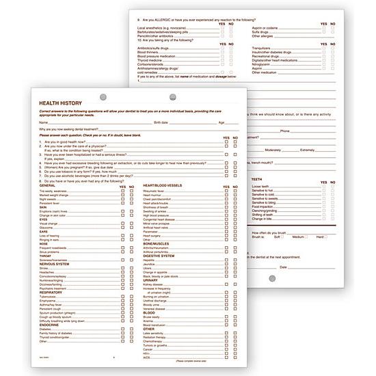 Dental Health History Questionnaires, 2 Sided, 2 Hole Punch