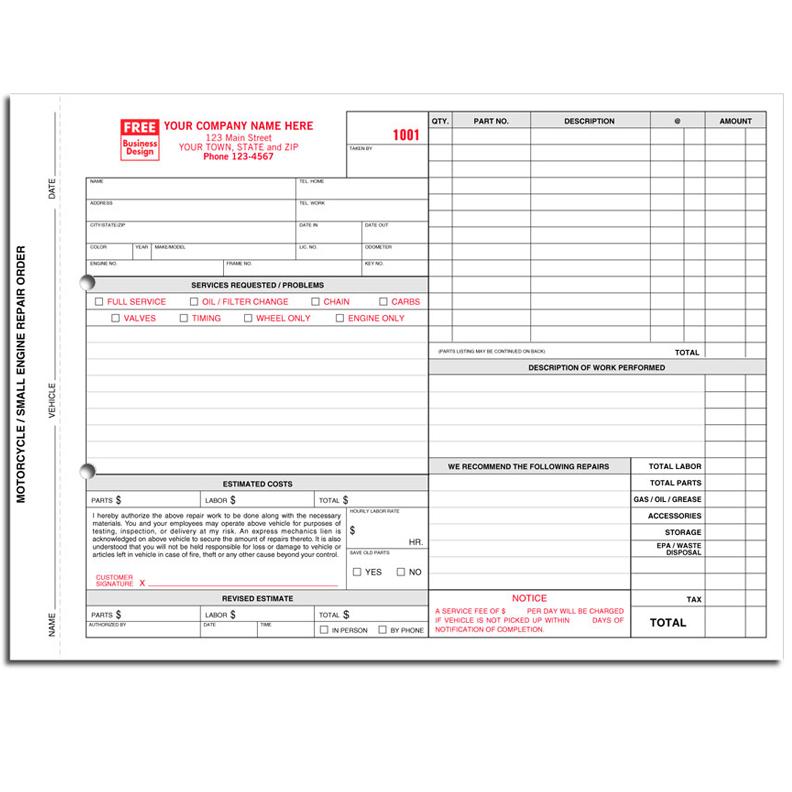 Compact Repair Order Forms for Auto Repair Shops