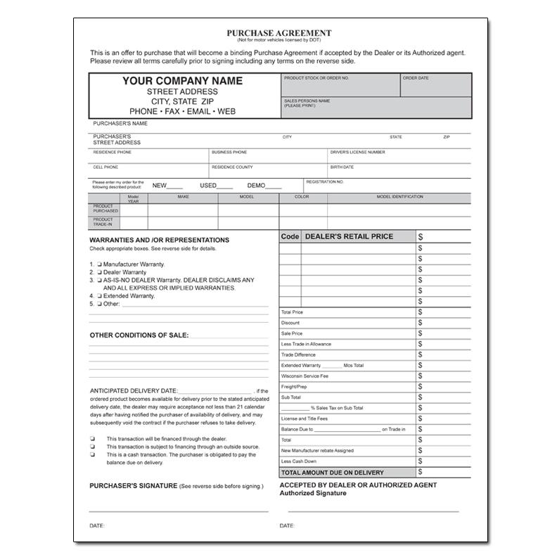 Auto Sales Purchase Agreement Carbonless Form