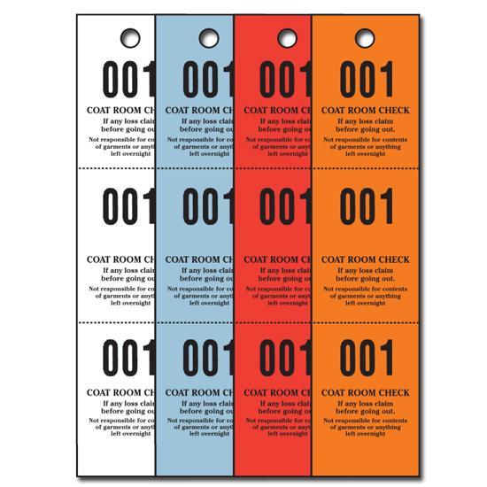 Coat Check Tags, Paper Stock, Perforated 3 Parts, Numbered, 1000/box
