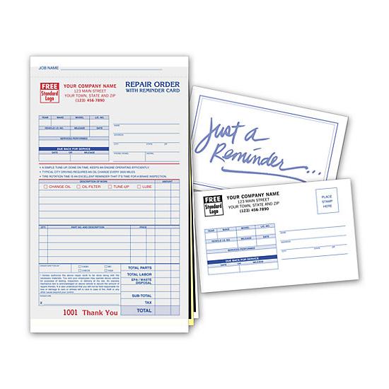 Repair Work Order Form Printed With Matching Reminder Card - Carbons