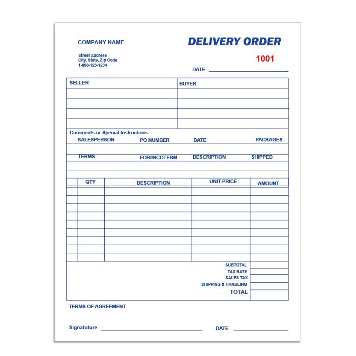 Delivery Order Forms: 8.5" X 11"