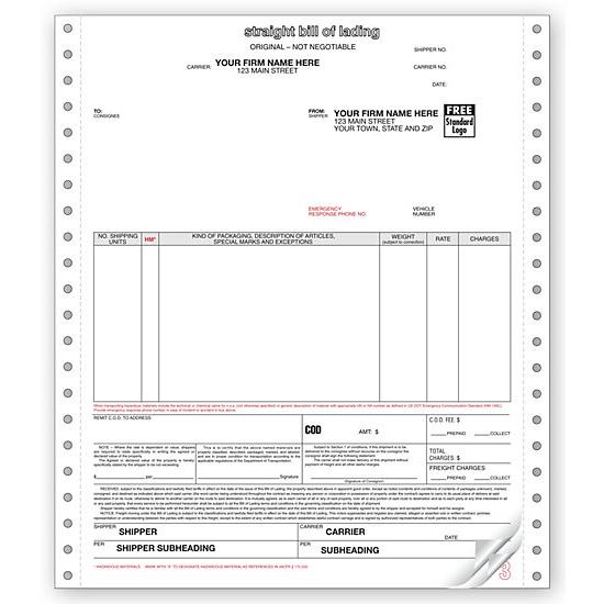 Straight Bills of Lading, Personalized, Continuous Form Printing, 8 1/2 x 11"