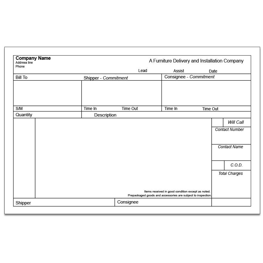 Furniture Delivery and Installation Invoice Form, Carbonless