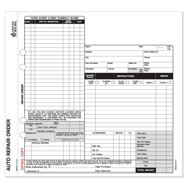 Auto Shop Work Order Form: 8.5" X 8.5"