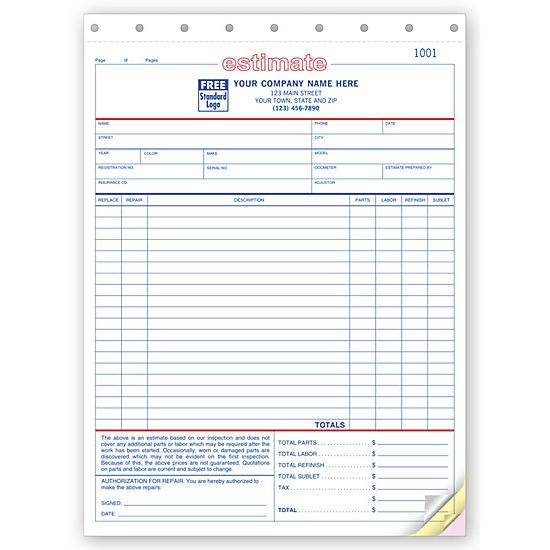 Car Repair Estimate Form - Pre Printed, Personalized, 2 or 3 Part Copies, Carbonless Business Forms