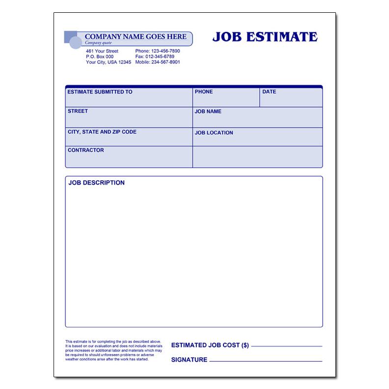 Job Estimate Form: 8.5 x 11
