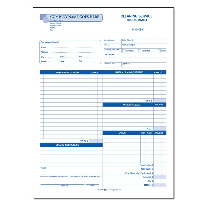 Cleaning Invoice - 2 or 3-Part Carbonless Copies, Custom Printed