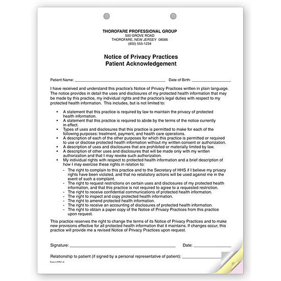 3-Part Notice Of Privacy Practices HIPAA Acknowledgment