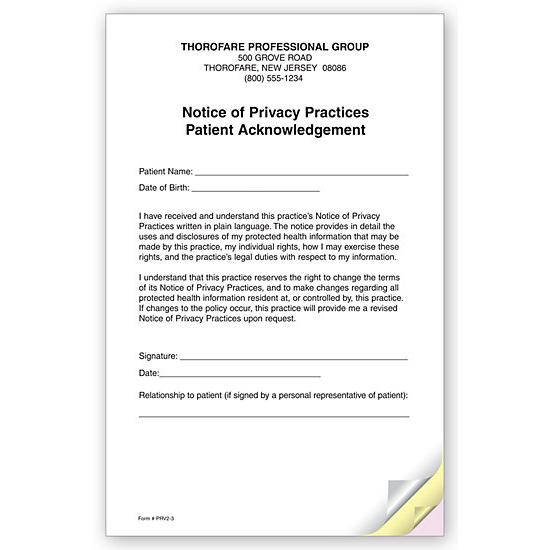 3-Part Notice Of Privacy Practices HIPAA Acknowledgment Small
