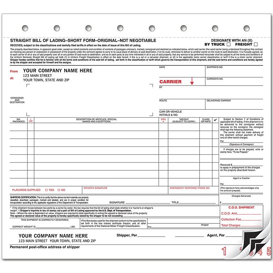 Straight Bill Of Lading - Short Form, Carbon Copy, 8 1/2 x 7"