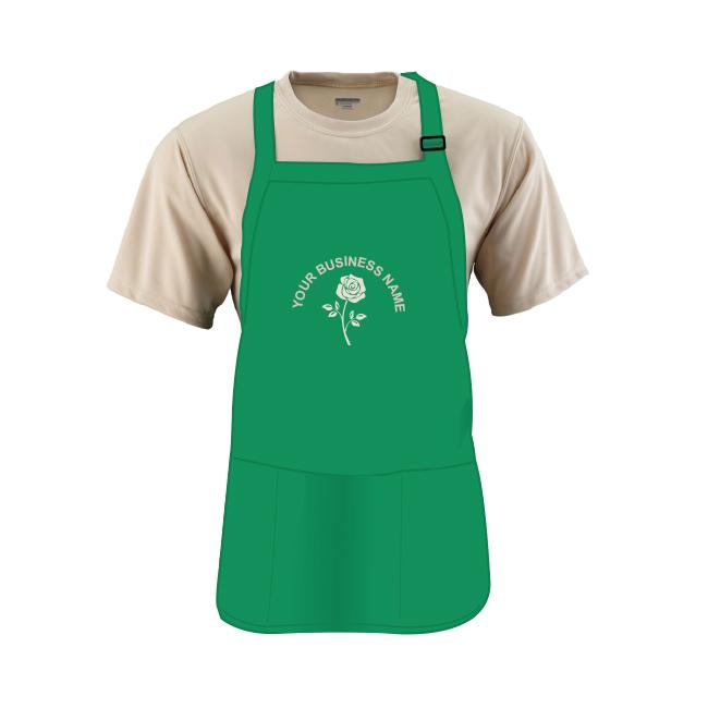 Green Embroidered Apron with Pouch Pocket, Medium Length