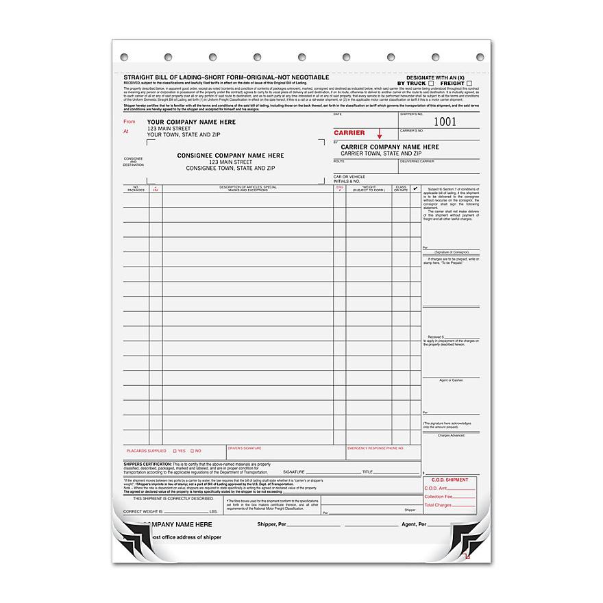 Straight Bill Of Lading - Short Form, Carbon Copy, 8 1/2 x 11"
