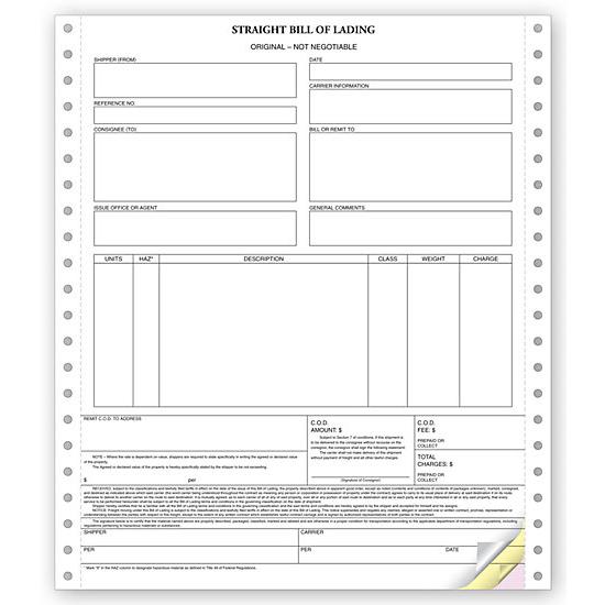 Straight Bills of Lading, Personalized, Continuous Form Printing