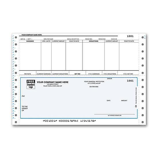 Continuous Payroll Check, Hours Units Earnings, Deductions, Personalized Printing