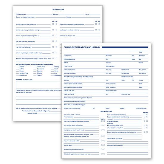 Dental Child Registration And History Forms, 2 Sided