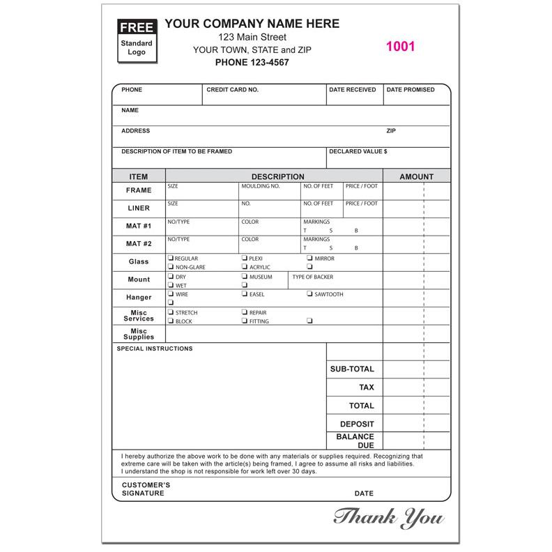 Picture Framing Receipt Form