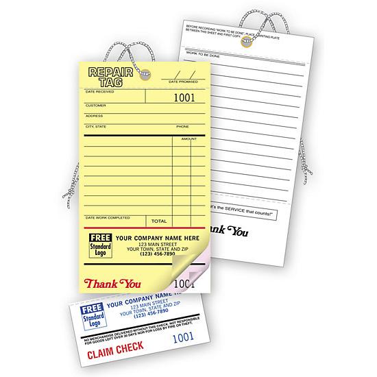 Repair Tags - Invoice With Detachable Claim Check